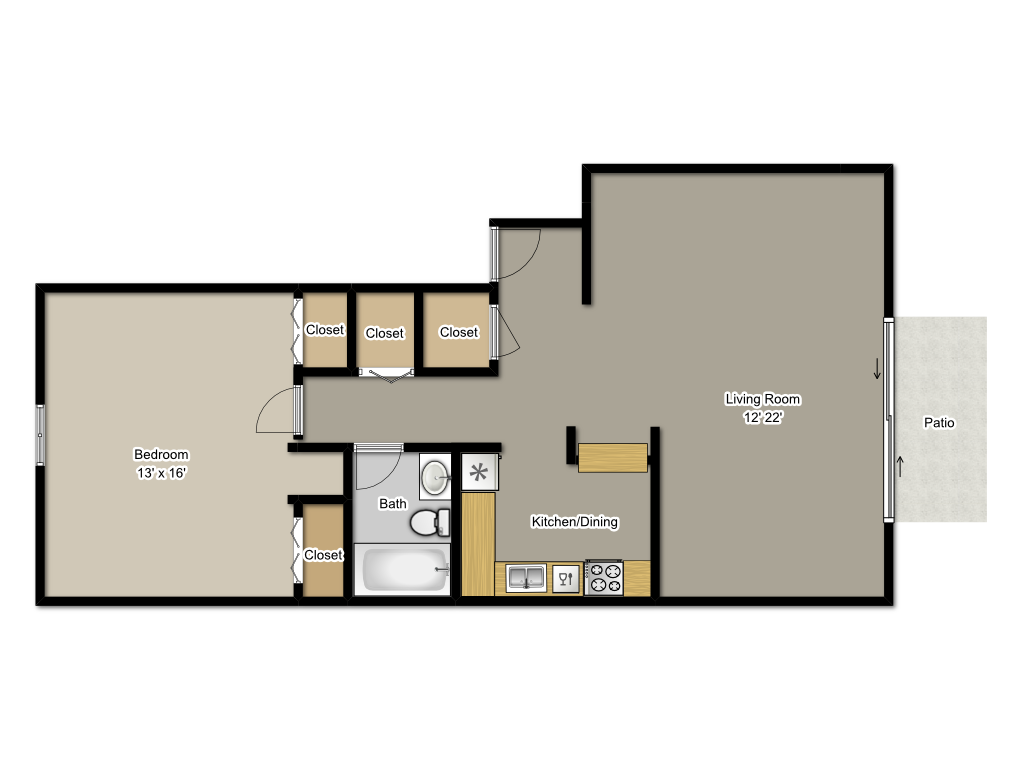 Floor plan for 1 bed, 1 bath, 900 sqft